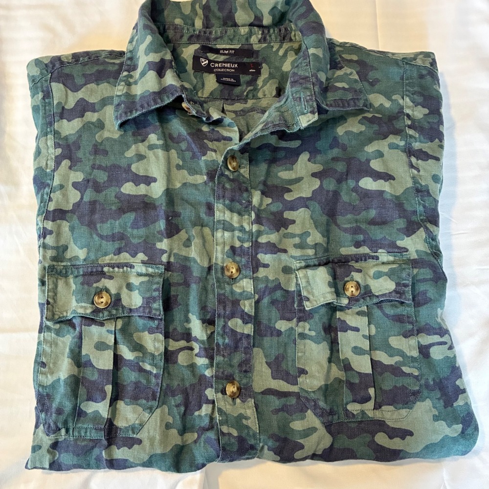 Cremieux Camo Camp Linen‎ Shirt Short Sleeve Button Up Slim Fit Casual -SZ Large